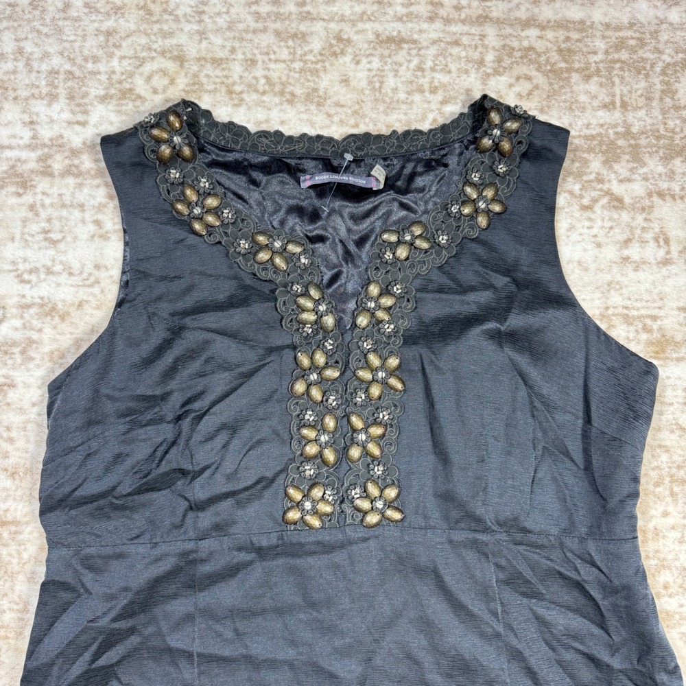 Boden Limited Edition Dress Women 14 Black Excellent Silk Cotton Beaded Floral